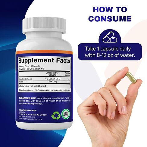 Vitamatic Bacillus Subtilis 10 Billion per DR Capsule - 60 Count - Digestive, Gut & Immune Health Support - Made with Prebiotic Inulin Fiber in Saudi Arabia