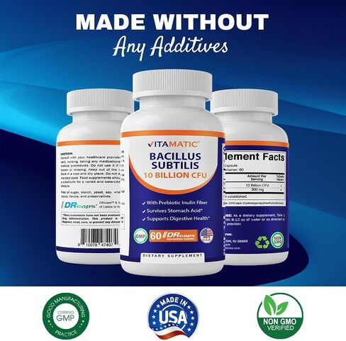 Vitamatic Bacillus Subtilis 10 Billion per DR Capsule - 60 Count - Digestive, Gut & Immune Health Support - Made with Prebiotic Inulin Fiber in Saudi Arabia