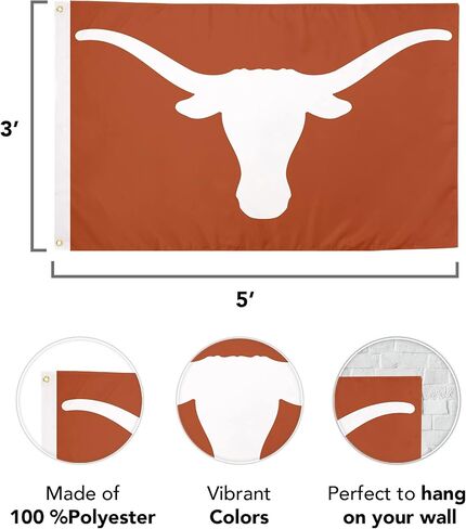 لافتات علم جامعة تكساس الصحراوية ذات القرون الطويلة UT Austin أعلام 100% بوليستر للاستخدام الداخلي والخارجي 3×5 (النمط 2) in Saudi Arabia