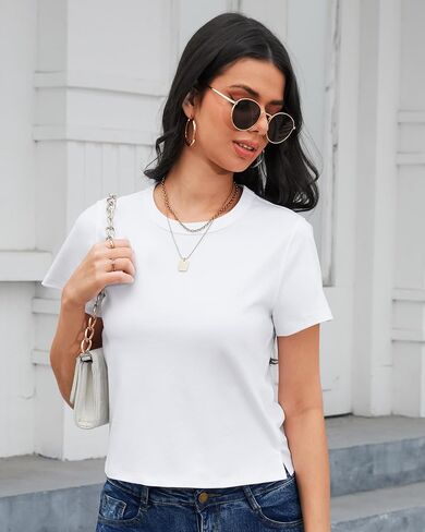 تي شيرتات قطنية نسائية من Stelle بأكمام قصيرة ورقبة دائرية وأكمام قصيرة أساسية للصيف كاجوال وبلوزات سادة in Kuwait