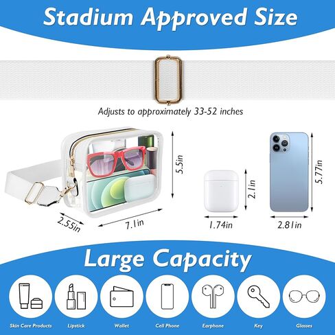 محفظة شفافة للنساء معتمدة في الاستاد، حقيبة كروس شفافة للحفلات الموسيقية، حقيبة كتف صغيرة شفافة، حقيبة يد بيضاء شفافة in Kuwait