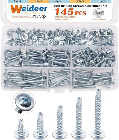 weideer 145pcs #8 Self Tapping Self Drilling Screws Assortment Kit Galvanized Truss Head Sheet Metal Screws 1/2" 3/4" 1" 1-1/4" 1-1/2" for Metal Plastic Wood in Saudi Arabia