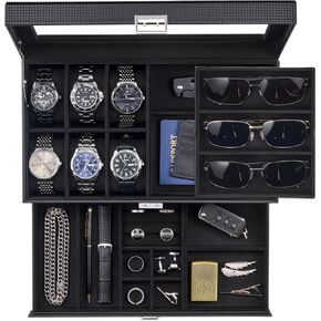 ProCase Mens Jewelry Box, Lockable 6 Slot Watch Case & 3 Slot Sunglasses Organizer, 2-layer Mens Jewelry Organizer Watch Box for Men, Watches Holder Display Storage Birthday Christmas Gifts -Brown in Saudi Arabia