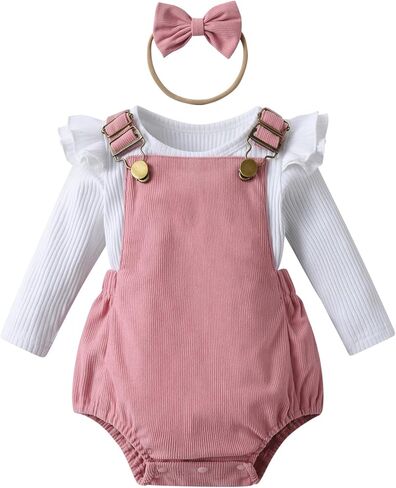 Infant Baby Girl Clothes Solid Ribbed Ruffle Sleeve Top and Overall Shorts with Headband Newborn Outfits Set in Saudi Arabia