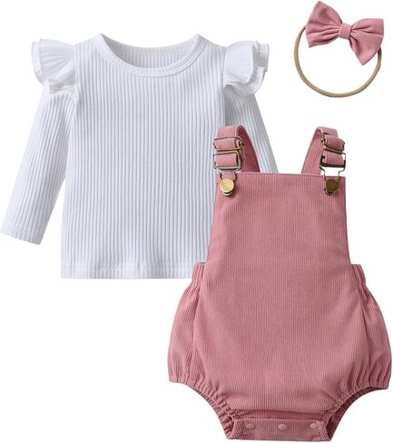 Infant Baby Girl Clothes Solid Ribbed Ruffle Sleeve Top and Overall Shorts with Headband Newborn Outfits Set in Saudi Arabia