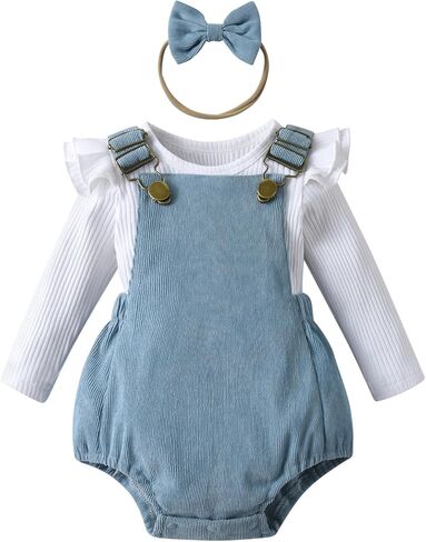 Infant Baby Girl Clothes Solid Ribbed Ruffle Sleeve Top and Overall Shorts with Headband Newborn Outfits Set in Saudi Arabia