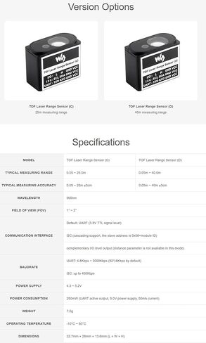 مستشعر نطاق الليزر TOF (وقت الطيران) (D) يدعم اتصال UART / I2C / IO، طويل المدى، لـ Raspberry Pi @XYGStudy (مستشعر نطاق الليزر TOF (D)) in Kuwait