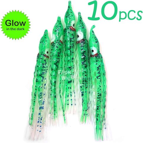 20pcs Fish WOW!® Green Glow 5" Squid Skirts 13cm Crinkle Luminous Hoochies Wavy Octopus Skirts Fishing Soft Trolling Lures Seaweed in Saudi Arabia