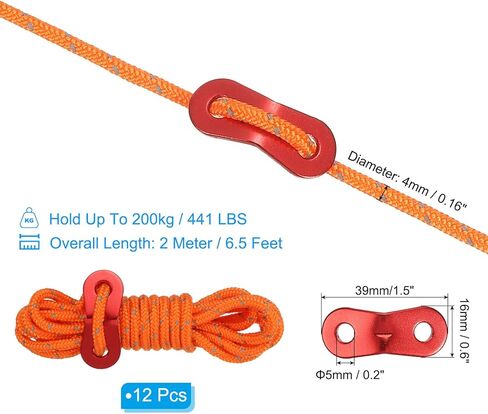 Generic 4mm Orange Tent Rope, 12 Pack 6.5ft Reflective Guyline Cord with Aluminum Cord Adjusters for Camping Hiking Tent, Canopy, Awning Covers, Rain Tarp, Tarpaulin in Saudi Arabia