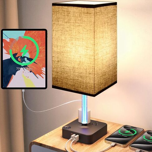 Bedside Table Lamp - Touch 3 Way Dimmable Lamp with 3 USB Charging Ports & 2 AC Outlets, Square Base Rectangular Flaxen Shade, Bedroom, Office, Dorm, Decor, LED Bulb Included (Black-Black) in Saudi Arabia