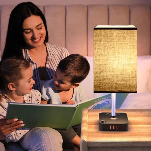 Bedside Table Lamp - Touch 3 Way Dimmable Lamp with 3 USB Charging Ports & 2 AC Outlets, Square Base Rectangular Flaxen Shade, Bedroom, Office, Dorm, Decor, LED Bulb Included (Black-Black) in Saudi Arabia
