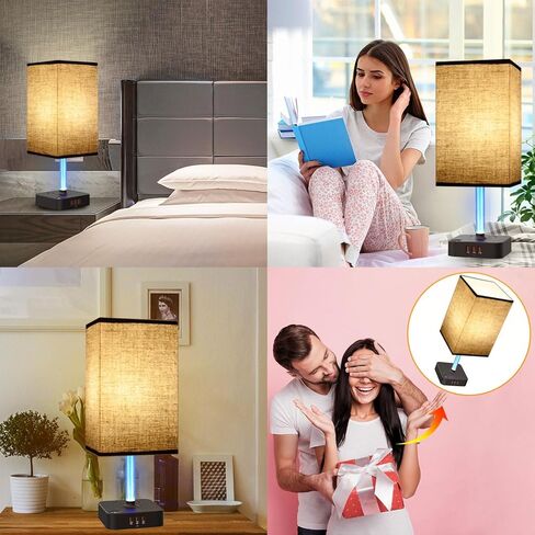 Bedside Table Lamp - Touch 3 Way Dimmable Lamp with 3 USB Charging Ports & 2 AC Outlets, Square Base Rectangular Flaxen Shade, Bedroom, Office, Dorm, Decor, LED Bulb Included (Black-Black) in Saudi Arabia