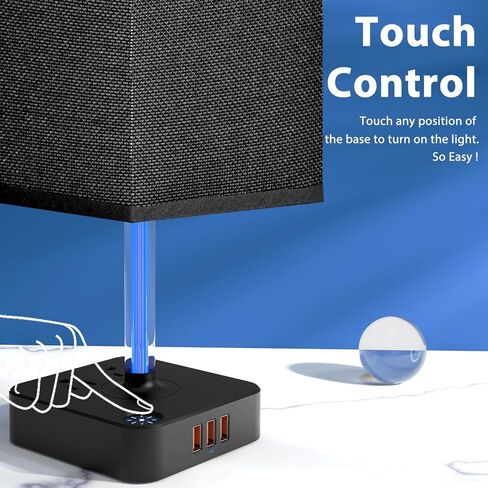 Bedside Table Lamp - Touch 3 Way Dimmable Lamp with 3 USB Charging Ports & 2 AC Outlets, Square Base Rectangular Flaxen Shade, Bedroom, Office, Dorm, Decor, LED Bulb Included (Black-Black) in Saudi Arabia