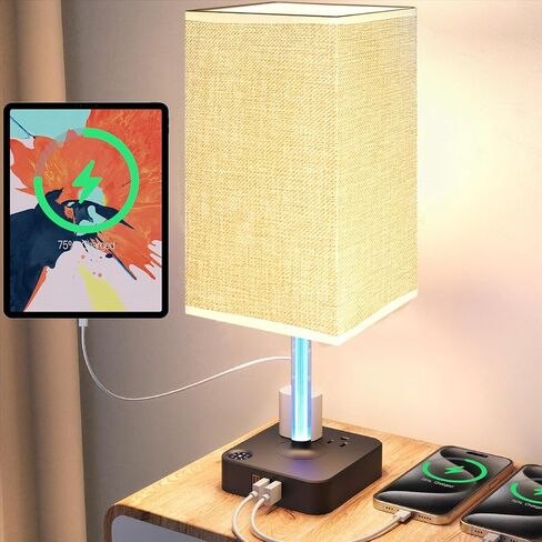 Bedside Table Lamp - Touch 3 Way Dimmable Lamp with 3 USB Charging Ports & 2 AC Outlets, Square Base Rectangular Flaxen Shade, Bedroom, Office, Dorm, Decor, LED Bulb Included (Black-Black) in Saudi Arabia