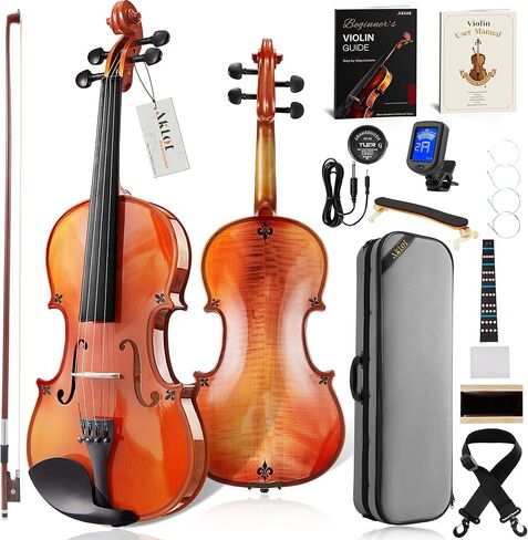 AKLOT Handcrafted Full Size Violin: Solid Wood Matte Fiddle, Acoustic Beginner 4/4 Violin Kit with Hard Case, Lesson Book, Bow, Shoulder Rest, Extra Strings, Tuner, Fretboard Stickers (VRT-AmiMS) in Kuwait