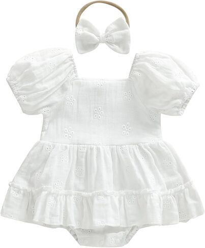 Baby Girl Summer Outfits Newborn Flower Embroidered Eyelet Ruffled Hem Short Sleeve Romper and Bow Headband Set in Saudi Arabia