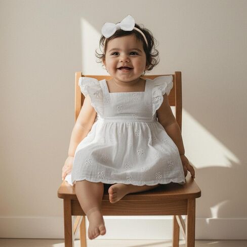 Baby Girl Summer Outfits Newborn Flower Embroidered Eyelet Ruffled Hem Short Sleeve Romper and Bow Headband Set in Saudi Arabia
