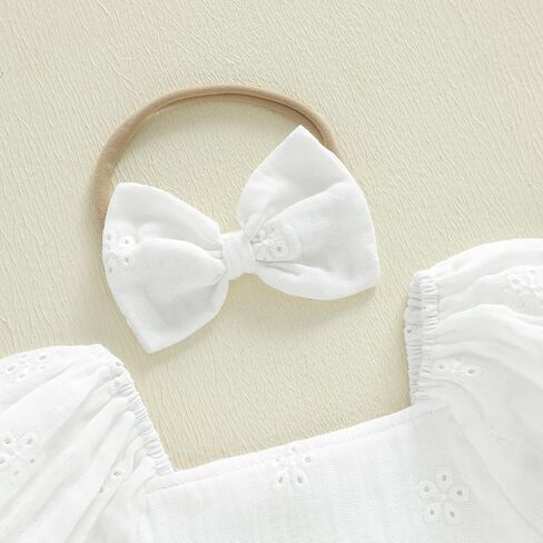 Baby Girl Summer Outfits Newborn Flower Embroidered Eyelet Ruffled Hem Short Sleeve Romper and Bow Headband Set in Saudi Arabia