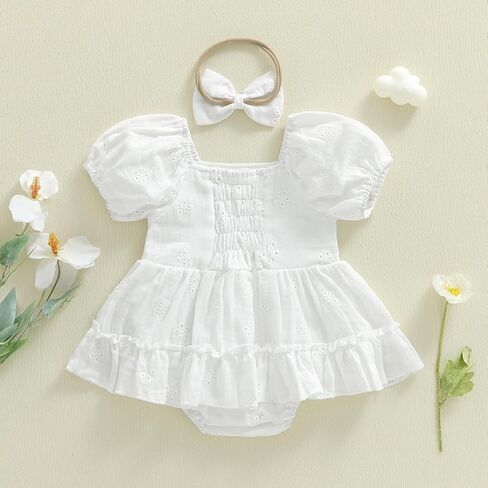 Baby Girl Summer Outfits Newborn Flower Embroidered Eyelet Ruffled Hem Short Sleeve Romper and Bow Headband Set in Saudi Arabia
