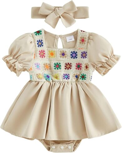 Baby Girl Summer Outfits Newborn Flower Embroidered Eyelet Ruffled Hem Short Sleeve Romper and Bow Headband Set in Saudi Arabia