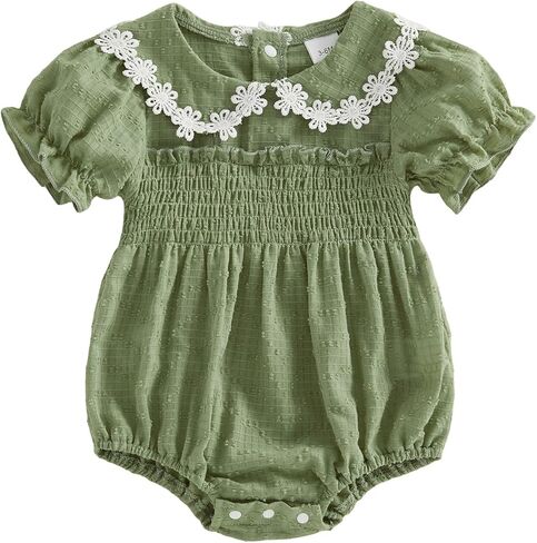 Baby Girl Summer Outfits Newborn Flower Embroidered Eyelet Ruffled Hem Short Sleeve Romper and Bow Headband Set in Saudi Arabia
