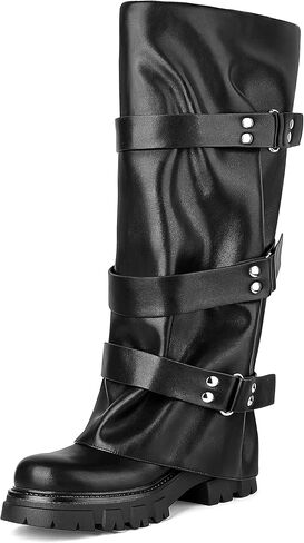 أحذية عالية للنساء للنساء طي فوق إصبع القدم الأنيق منصة متدنية منخفضة الكعب عجل عجل راكب الدراجة النارية Moto Gothic Buckle Boots in Kuwait