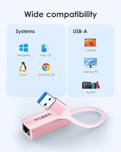 USB-A to RJ45 Gigabit Ethernet Adapter (1000Mbps), Rose Gold in Saudi Arabia