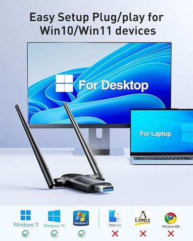 محول واي فاي USB لاسلكي للكمبيوتر الشخصي، محول لاسلكي واي فاي 6، جهاز استقبال شبكة USB مزدوج AX1800Mbps /2.4G لأجهزة الكمبيوتر المحمولة/أجهزة الكمبيوتر المكتبية in Saudi Arabia