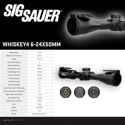 SIG SAUER WHISKEY4 6-24X50mm 30mm أنبوب F1/FFP متين ودقيق مقاوم للماء مضاد للضباب أسود للصيد والرماية، أغطية قابلة للطي ورافعة رمي متضمنة in Kuwait