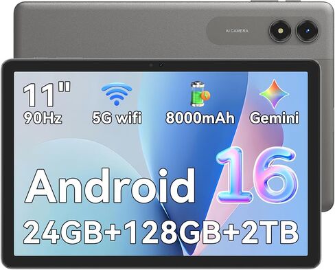 تابلت 11 بوصة أندرويد 16، 24 جيجابايت رام + 128 جيجابايت روم (2 تيرابايت قابلة للتوسيع)، شاشة IPS 90 هرتز، بطارية 8000 مللي أمبير، تابلت ترفيهي ثماني النواة، واي فاي ثنائي النطاق/BT5.0، رمادي in Kuwait