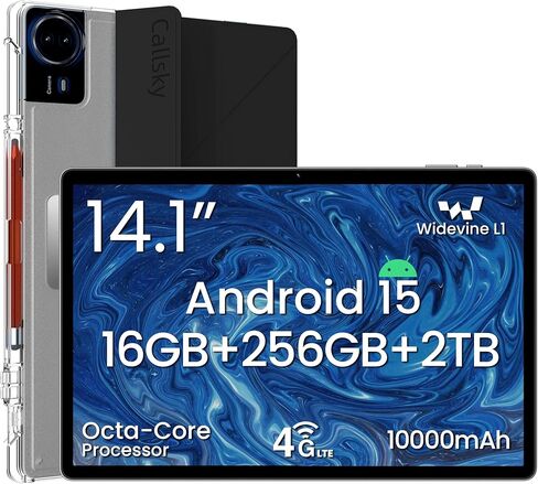 تابلت Android 15 مقاس 14 بوصة، ذاكرة وصول عشوائي 16 جيجابايت + ذاكرة تخزين داخلية 256 جيجابايت، شاشة IPS بدقة 1920x1200 FHD، Widevine L1، بطارية 10000 مللي أمبير في الساعة، شبكة 4G LTE، واي فاي وبلوتوث 5.0، حافظة حامل متعددة الزوايا وقلم ستايلس، كابل نوع  in Saudi Arabia