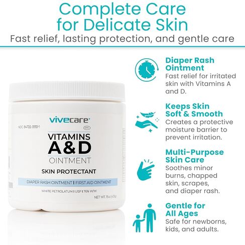ViveCare A&D Ointment - Skin Protectant & Healing Lotion for Baby, Adult, Seniors - Soothing Cream for Diaper Rash Prevention, Skin Irritation, Burns, Cuts, Scrapes (4oz) in Saudi Arabia