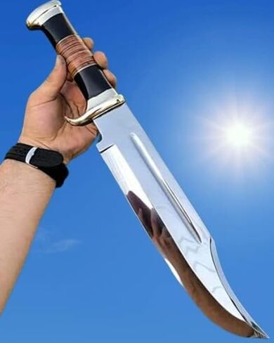 D2 18 Inches Large Crocodile Dundee Bowie Knife with Leather Sheath Big Survival Fixed Blade Knife with Leather and Horn Handle for Outdoor Camping Knives For Men in Kuwait