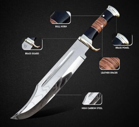 D2 18 Inches Large Crocodile Dundee Bowie Knife with Leather Sheath Big Survival Fixed Blade Knife with Leather and Horn Handle for Outdoor Camping Knives For Men in Kuwait