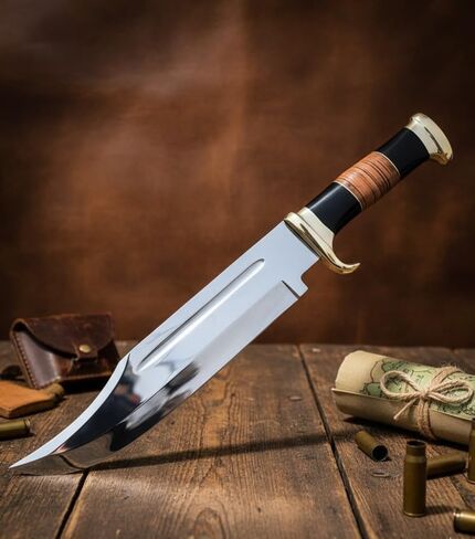 D2 18 Inches Large Crocodile Dundee Bowie Knife with Leather Sheath Big Survival Fixed Blade Knife with Leather and Horn Handle for Outdoor Camping Knives For Men in Kuwait