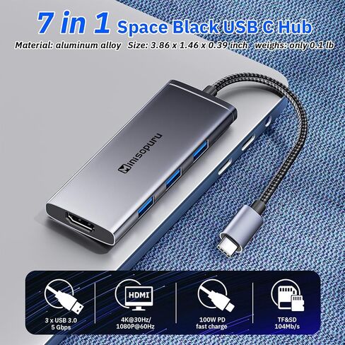 Minisopuru USB C Dock، محول USB C متعدد المنافذ 7 في 1 مع HDMI 4K، 3X USB 3.0، توصيل طاقة 100 واط، قارئ بطاقة SD/TF، ​​محول USB C لأجهزة MacBook Pro، Air، iPad Pro، Dell، XPS، HP، Lenovo والمزيد... in Kuwait