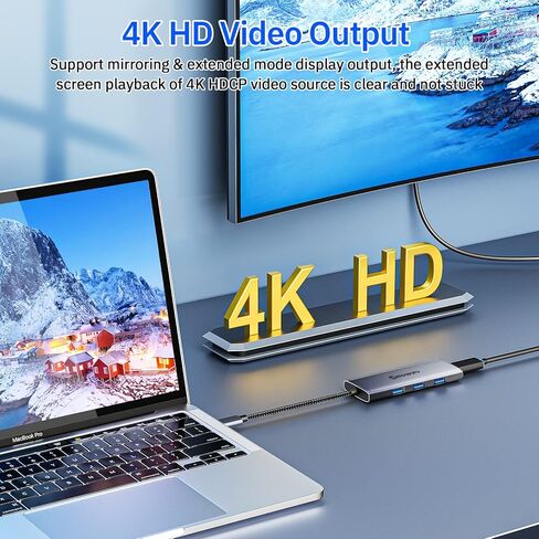 Minisopuru USB C Dock، محول USB C متعدد المنافذ 7 في 1 مع HDMI 4K، 3X USB 3.0، توصيل طاقة 100 واط، قارئ بطاقة SD/TF، ​​محول USB C لأجهزة MacBook Pro، Air، iPad Pro، Dell، XPS، HP، Lenovo والمزيد... in Kuwait
