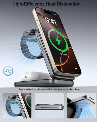 محطة شحن مغناطيسية قابلة للطي 3 في 1 من Apple، محطة شحن لاسلكية سريعة 15 وات لهواتف iPhone 17 16 15 14 13 12 Pro Max Plus، متوافقة مع سلسلة Apple Watch وAirPods Pro 4 3 2 in Kuwait