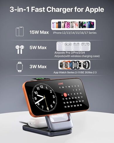 محطة شحن مغناطيسية قابلة للطي 3 في 1 من Apple، محطة شحن لاسلكية سريعة 15 وات لهواتف iPhone 17 16 15 14 13 12 Pro Max Plus، متوافقة مع سلسلة Apple Watch وAirPods Pro 4 3 2 in Kuwait