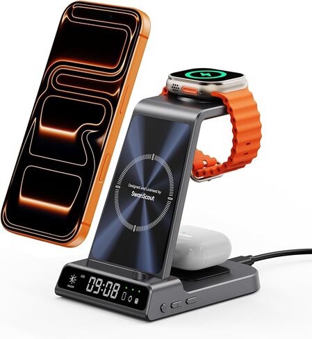 شاحن لاسلكي لأجهزة Apple، قاعدة شحن لاسلكية 3 في 1 لأجهزة iPhone Air/17 Pro Max/17 Pro/16/15/14/13، شاحن ساعة Apple لـ iWatch Ulltra 3/11/10/9/8/7/SE، AirPods Pro 3/4/3 in Kuwait