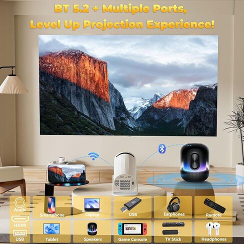 [Built-in Apps] 5G WiFi Bluetooth Smart Projector,4K support HD Portable Projector, Mini Projector with Stereo Speaker. Indoor, Outdoor Use,Compatible with TV Stick Smartphone/ pc/USB（White） in Saudi Arabia