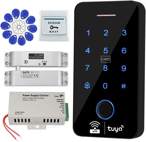 تتضمن مجموعة نظام التحكم في الوصول WiFi Tuya لوحة مفاتيح IP68 مقاومة للماء لبصمات الأصابع، وقفل باب بمزلاج كهربائي معدني لوضع NC، و10 مفاتيح RFID بتردد 125 كيلو هرتز، ومصدر طاقة 12 فولت 3 أمبير، وزر خروج. in Kuwait