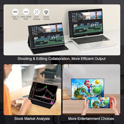 شاشة محمولة 15.6 بوصة FHD 1080P IPS/HDR، شاشة خارجية USB-C/HDMI ثانية لأجهزة الكمبيوتر المحمول، سطح المكتب، MacBook، الهواتف، الكمبيوتر اللوحي، PS5/4، Xbox، Switch، مكبر صوت مدمج فائق النحافة مع غطاء ذكي in Kuwait