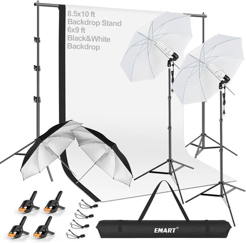 EMART 6.5x10ft Photography Backdrop Kit with 105W 5500K Daylight Umbrella Continuous Lighting Set, Black/White 2-in-1 Backgrounds for Photo Studio Product, Photoshoot, Portrait Shoot in Saudi Arabia