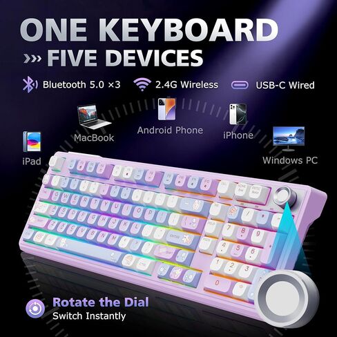 لوحة مفاتيح ميكانيكية لاسلكية F98 مع مقبض، لوحة مفاتيح ثوكي كريمية مع لوحة أرقام، قابلة للتبديل السريع، لوحة مفاتيح بإضاءة خلفية RGB BT 5.0/2.4G/USB-C لأجهزة Mac، ولوحات مفاتيح ألعاب الكمبيوتر المحمول والكمبيوتر الشخصي، وردي in Kuwait