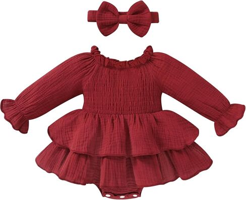Happy Town Baby Girl Romper ملابس قطنية لطيفة للفتيات الرضع بأكمام طويلة مع عصابة رأس ملابس خريف وشتاء in Kuwait