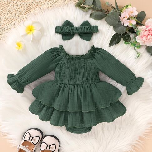 Happy Town Baby Girl Romper ملابس قطنية لطيفة للفتيات الرضع بأكمام طويلة مع عصابة رأس ملابس خريف وشتاء in Kuwait