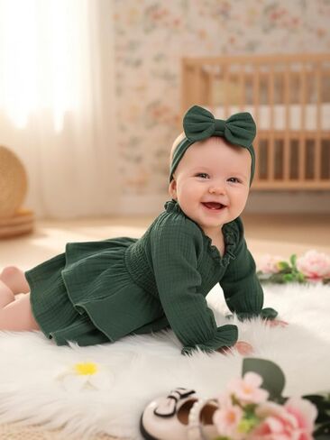 Happy Town Baby Girl Romper ملابس قطنية لطيفة للفتيات الرضع بأكمام طويلة مع عصابة رأس ملابس خريف وشتاء in Kuwait