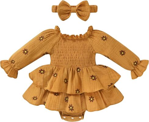 Happy Town Baby Girl Romper ملابس قطنية لطيفة للفتيات الرضع بأكمام طويلة مع عصابة رأس ملابس خريف وشتاء in Kuwait