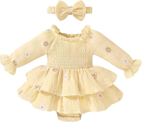 Happy Town Baby Girl Romper ملابس قطنية لطيفة للفتيات الرضع بأكمام طويلة مع عصابة رأس ملابس خريف وشتاء in Kuwait